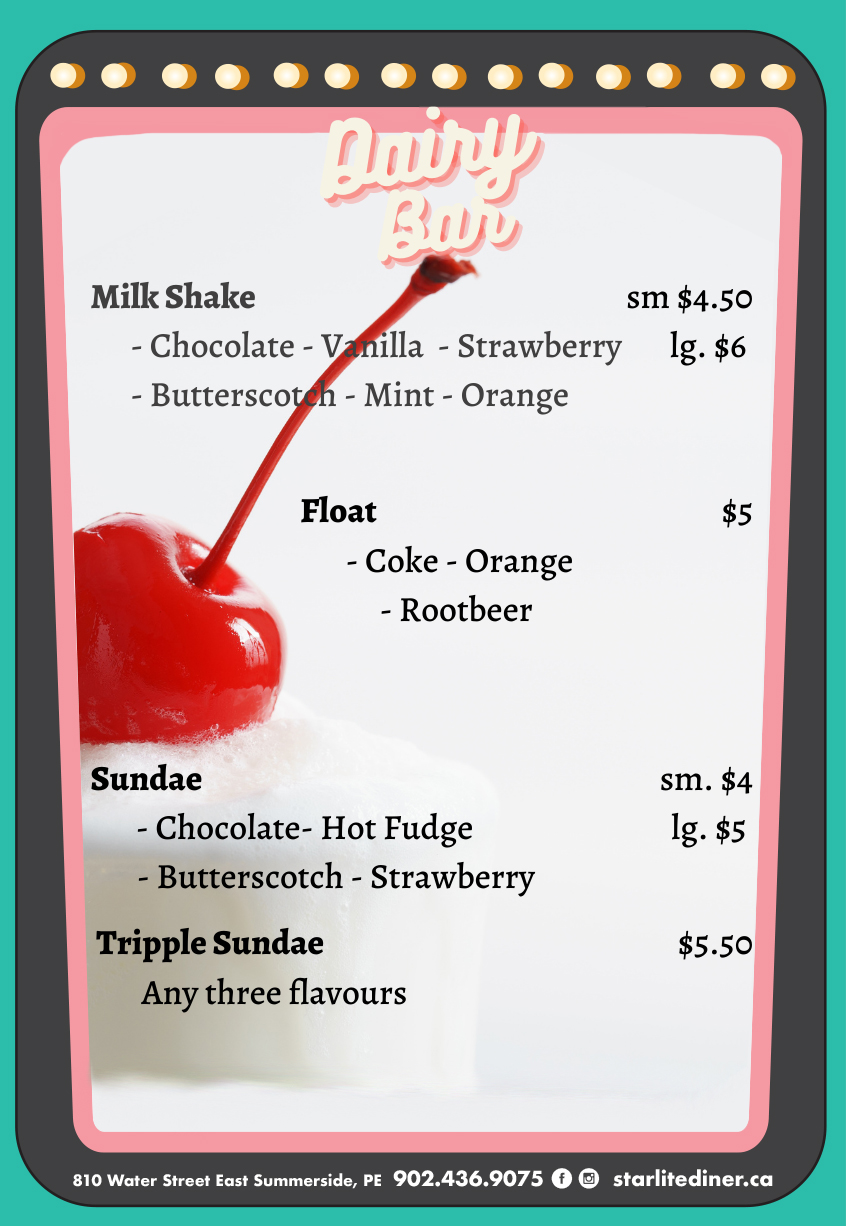 Dairy Bar Menu Starlite Diner